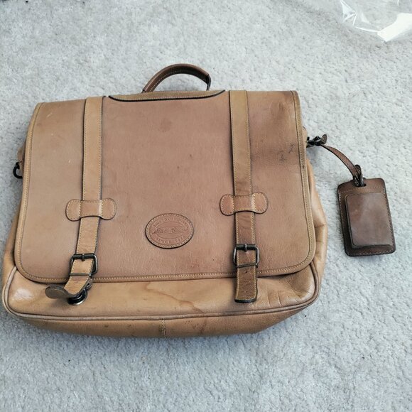 VTG Eddie Bauer Leather Outdoor Outfitter Messenger Bag Distressed Tan Briefcase
